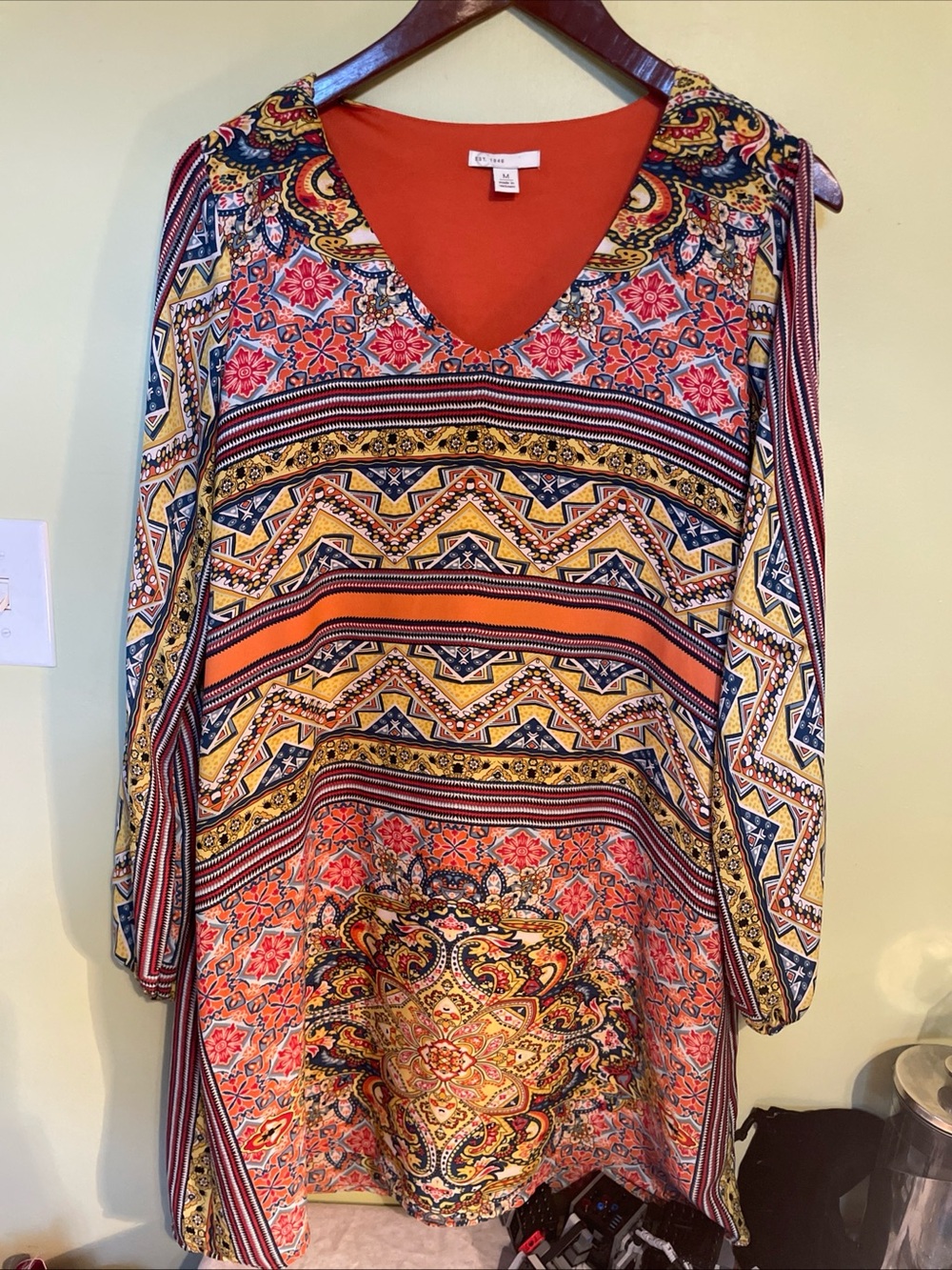 EST 1946  Orange Multicolor V-Neck Long Sleeve Tunic Dress
